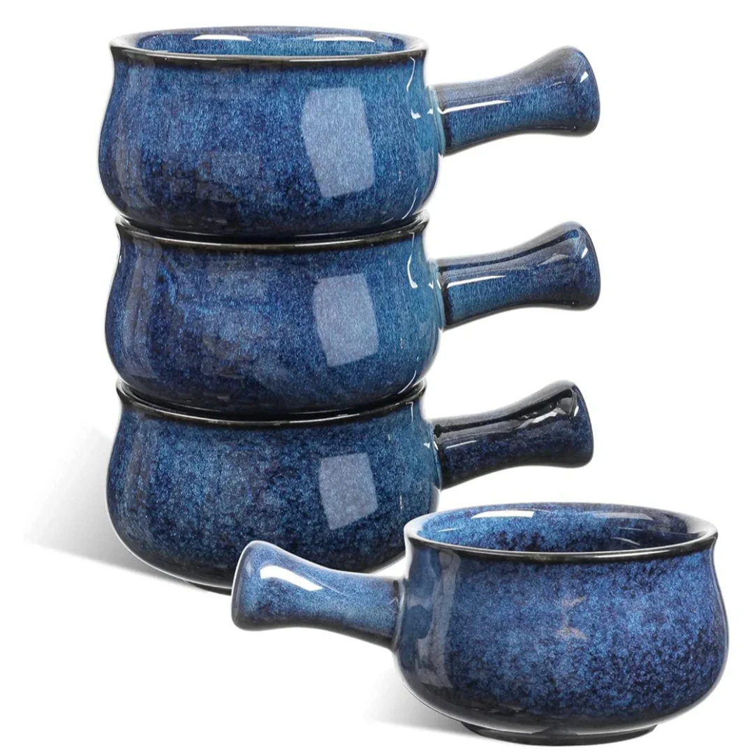 VICRAYS 4-Piece Blue Ceramic French Onion Soup Crocks