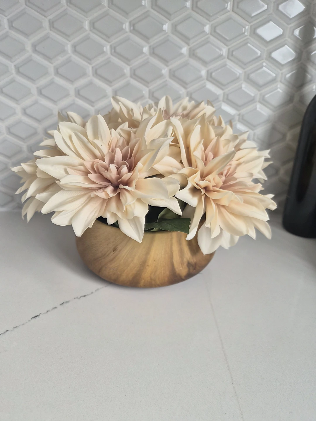 Faux Dahlia Floral Arrangement in Wooden Pot
