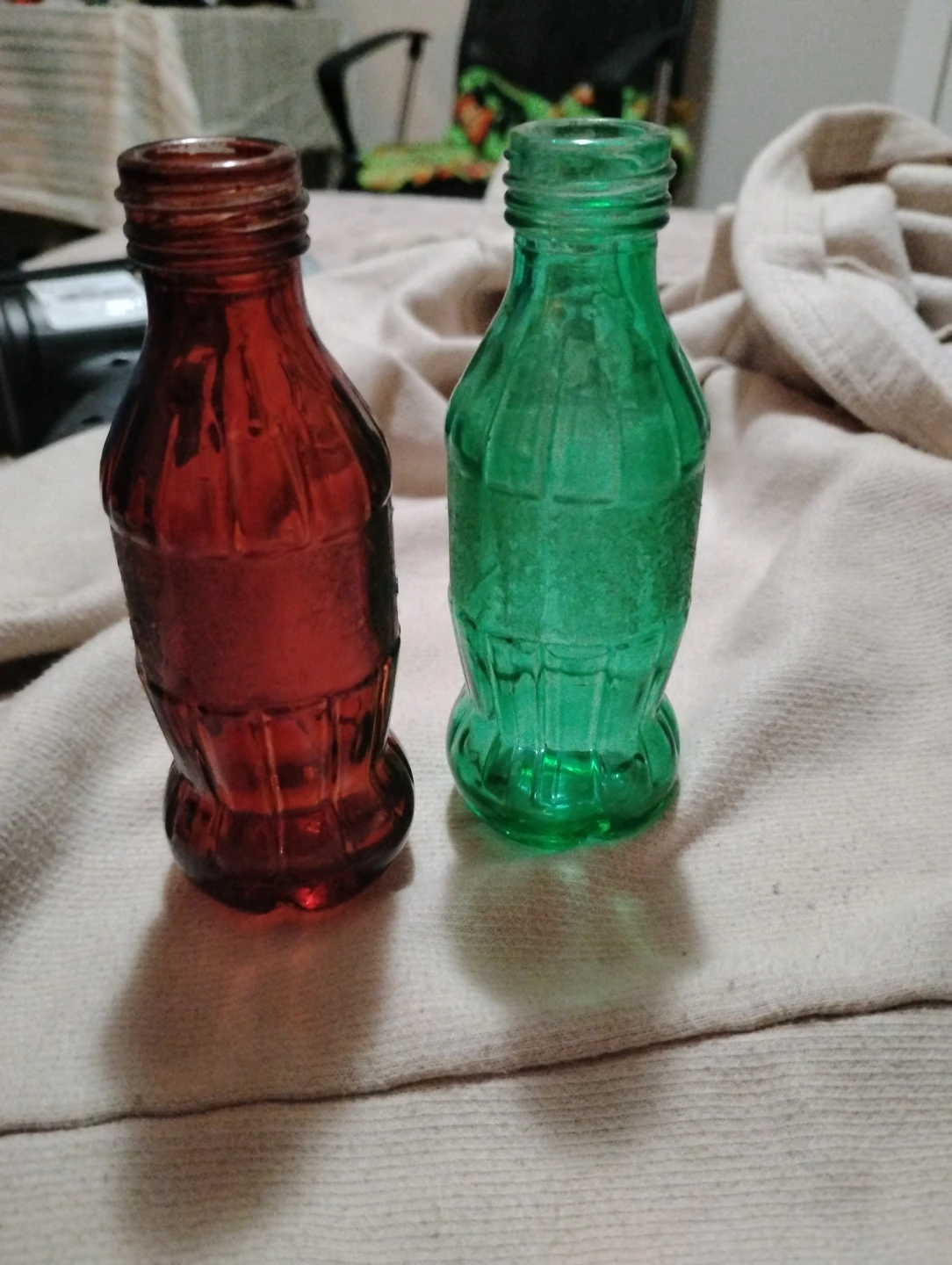 Two Glass Coca-Cola Shaped Bottles - Red and Green
