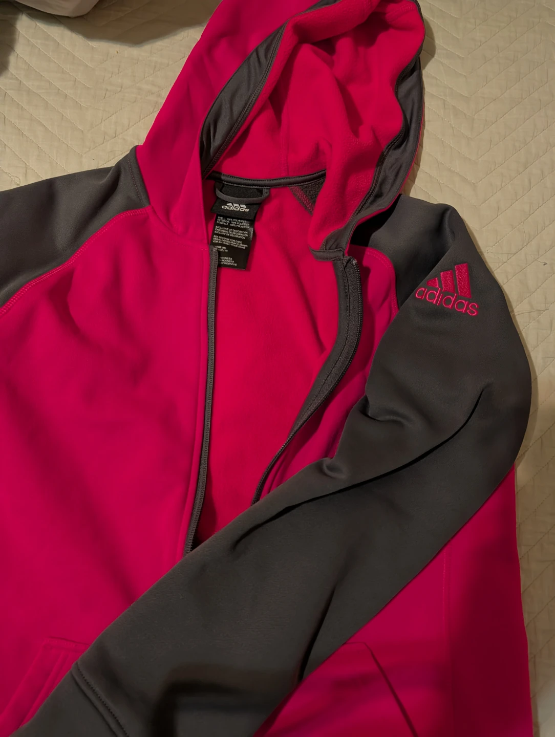 Adidas Hoodie Jacket Pink/Grey Full Zip Youth Size M🏆 - photo 2