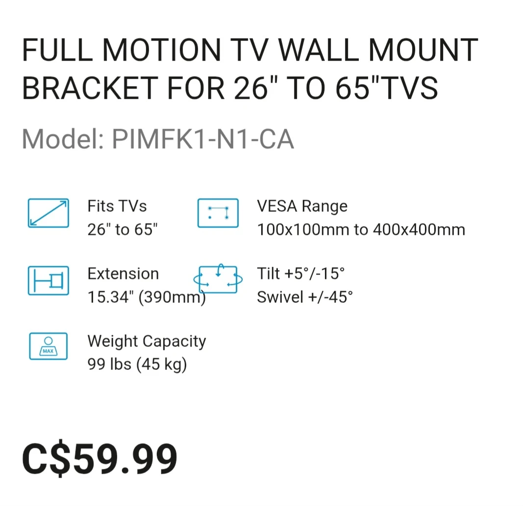 Full-Motion TV Wall Mount PIMFK1 for 26"-65" TVs - photo 2