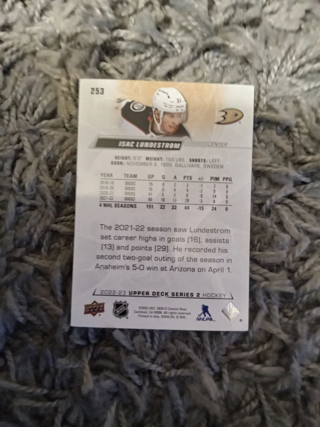2022-23 Upper Deck series Hockey Card - Isac Lundstrom