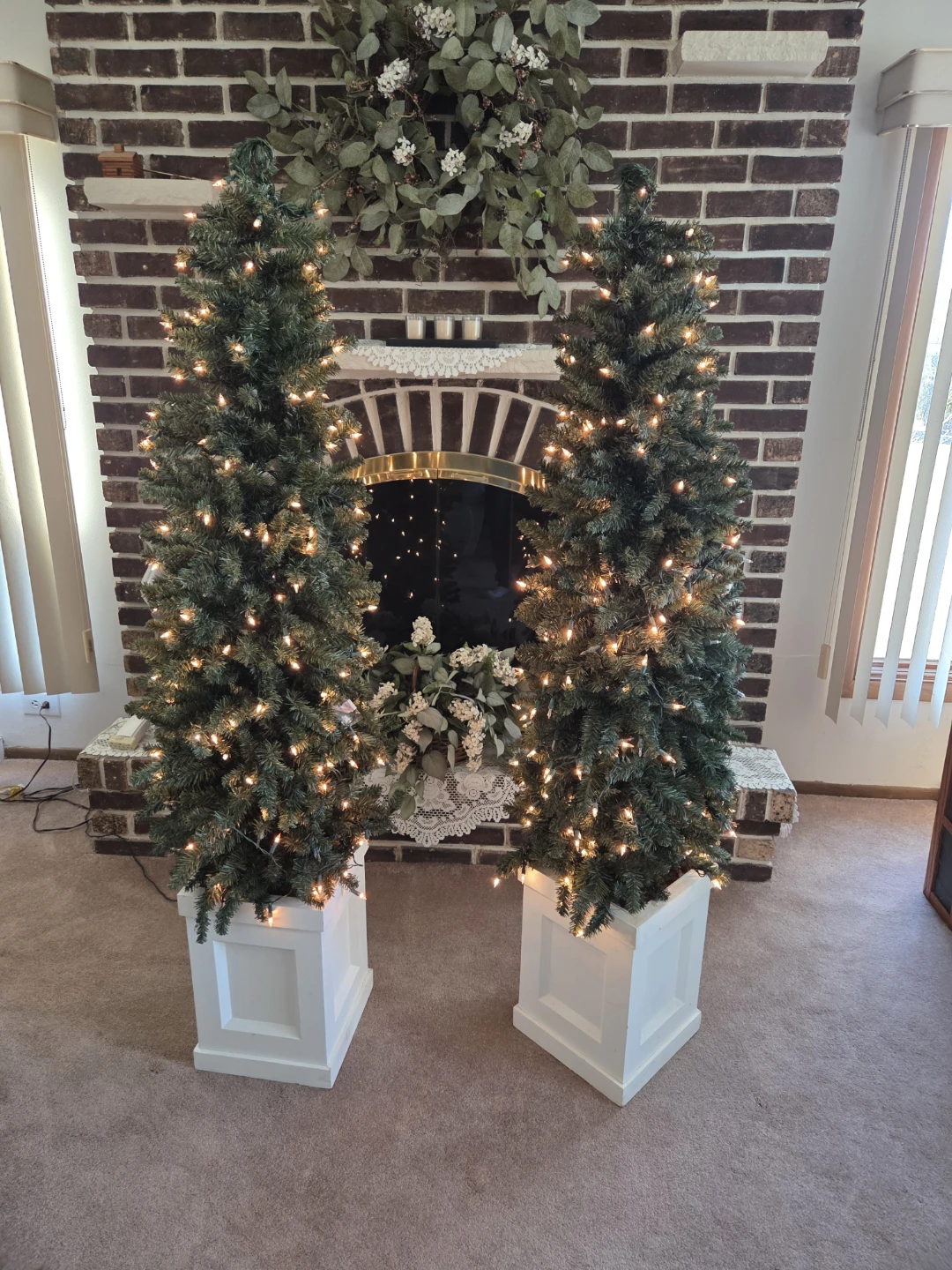 Pair of Pre-Lit Christmas Trees with White Planter Boxes