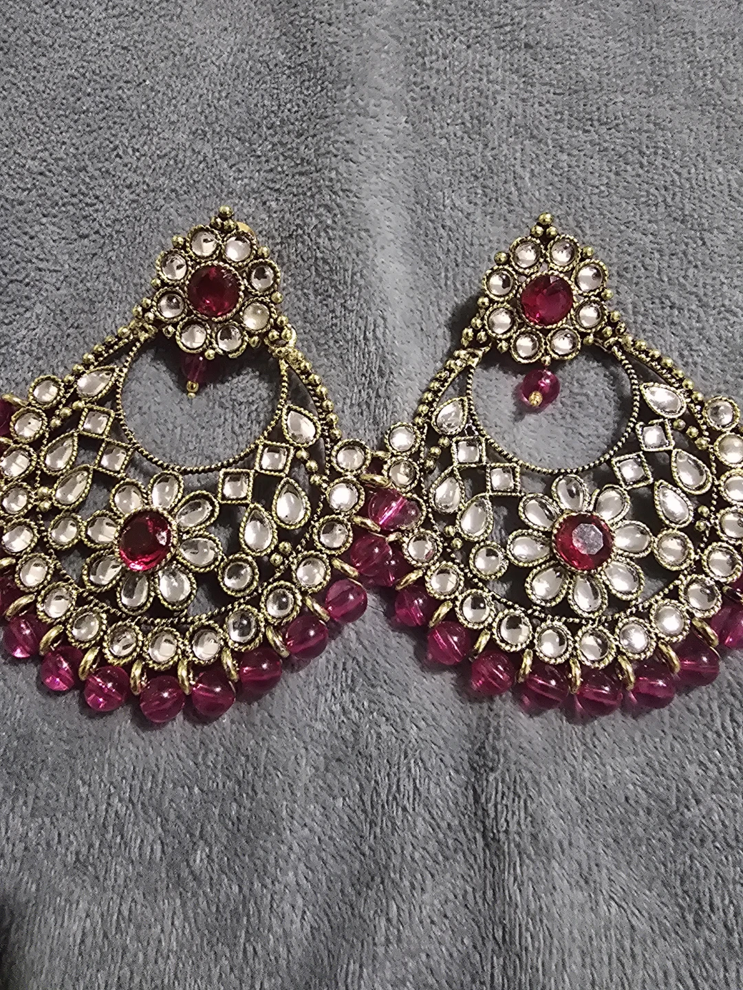Ornate Gold-Tone Chandelier Earrings with Red and Clear Jewels - photo 2