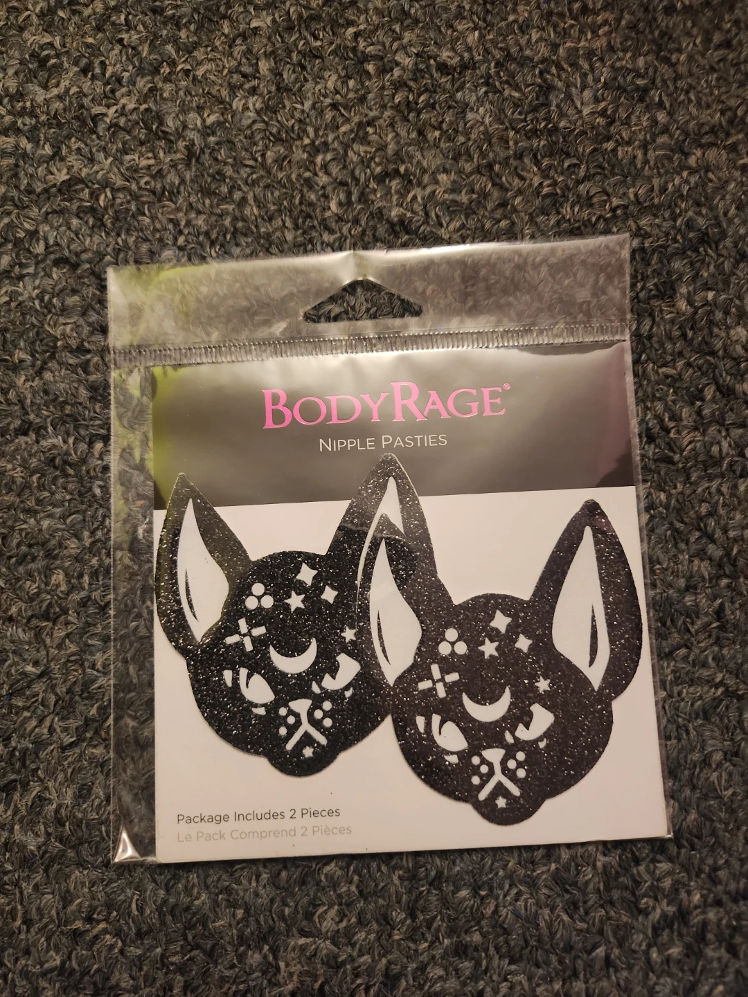 BodyRage Nipple Pasties - Black Glitter Cat Design