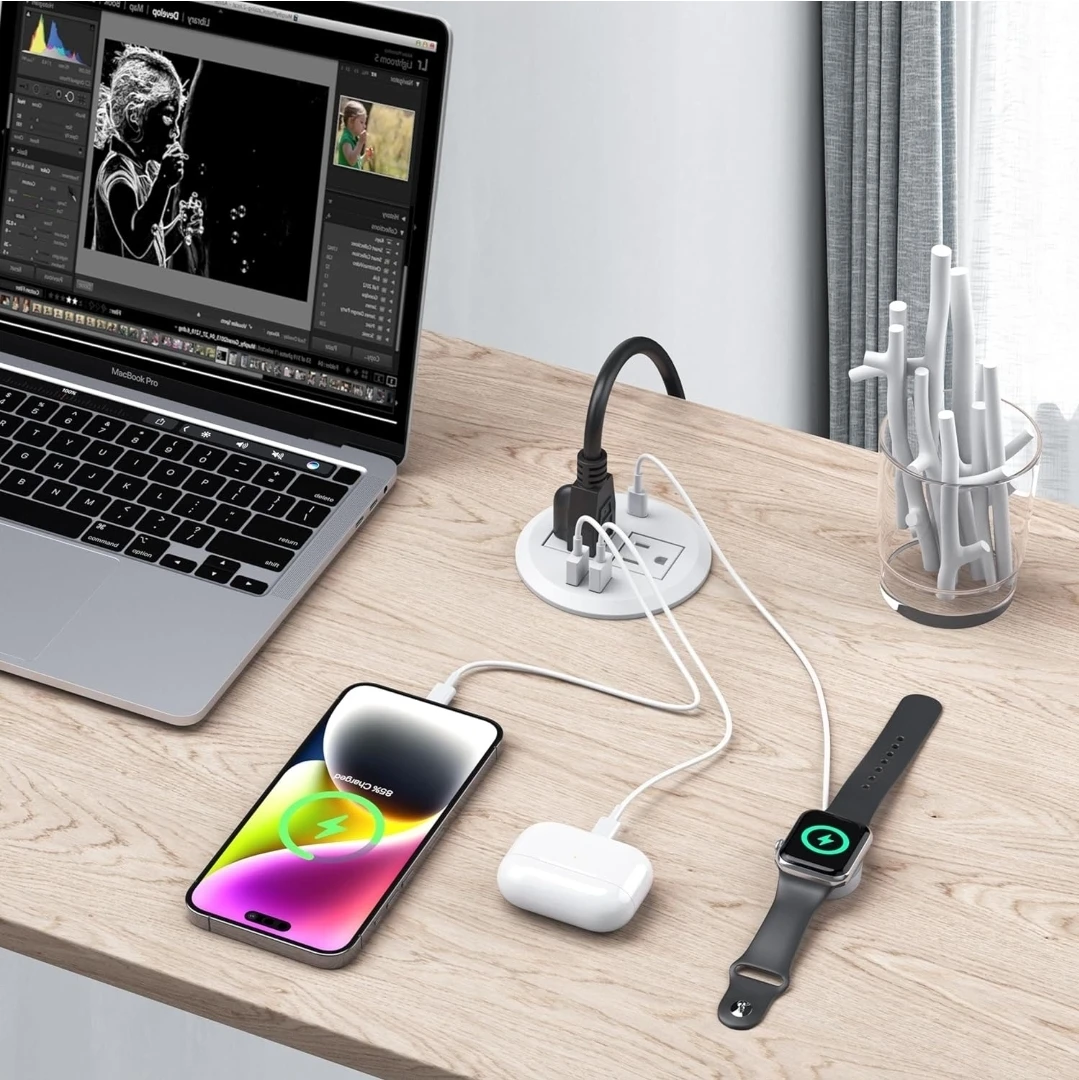 Table Power Strip Grommet with 2 AC, 2 USB-A, 1 USB-C Ports - photo 4