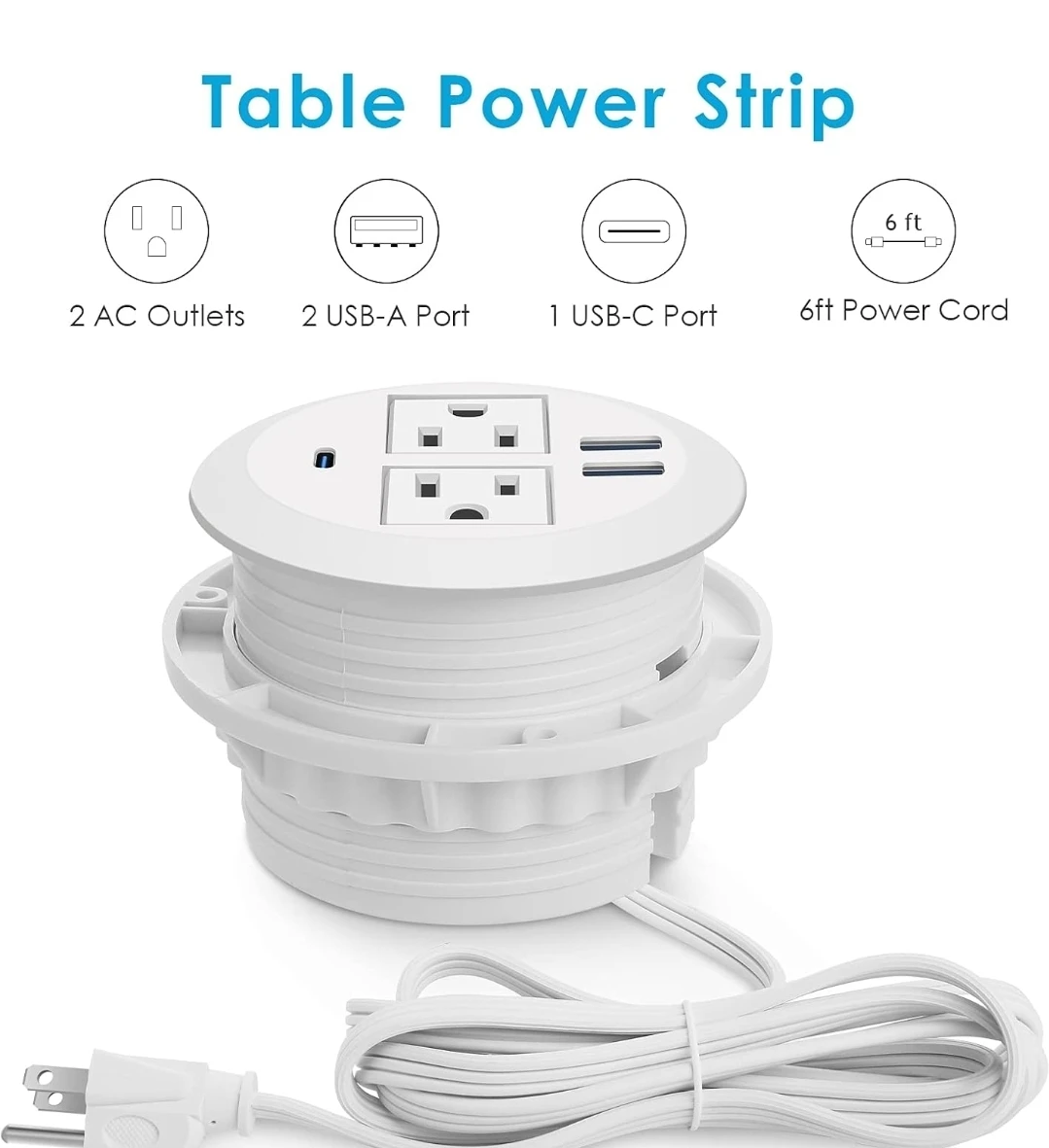 Table Power Strip Grommet with 2 AC, 2 USB-A, 1 USB-C Ports - photo 5