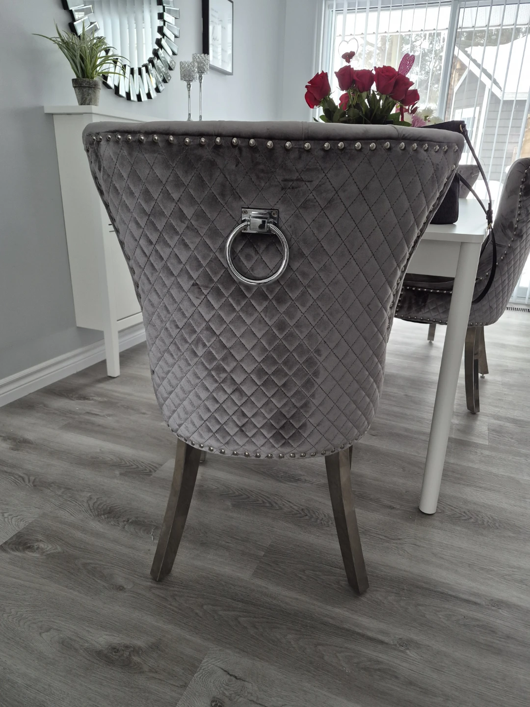 Grey Velvet Dining Chair with Ring Pull set of 4