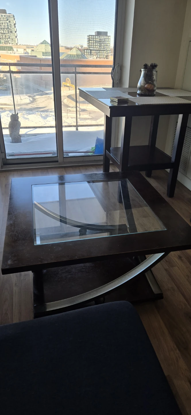 Dark Wood Coffee Table with Glass Top (on wheels)