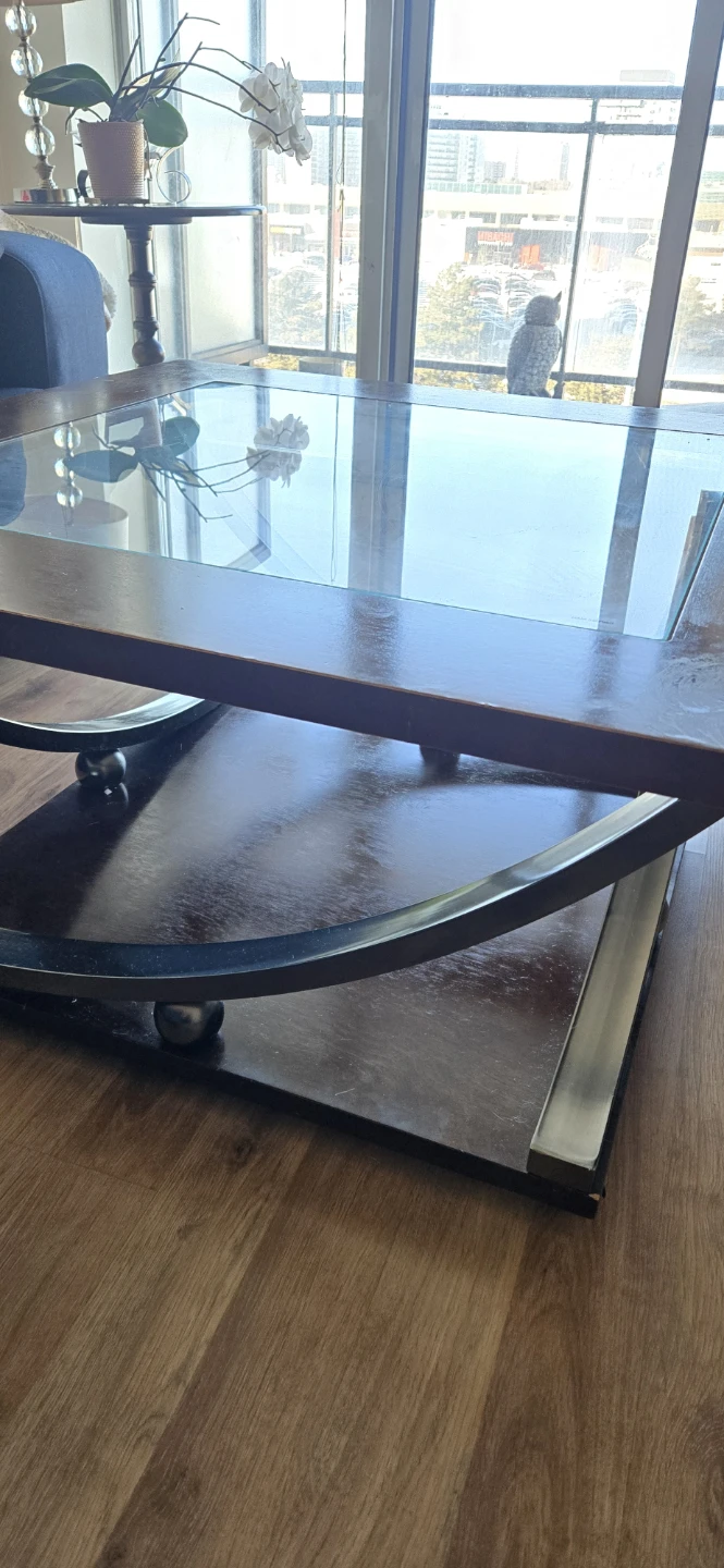 Dark Wood Coffee Table with Glass Top (on wheels) - photo 2