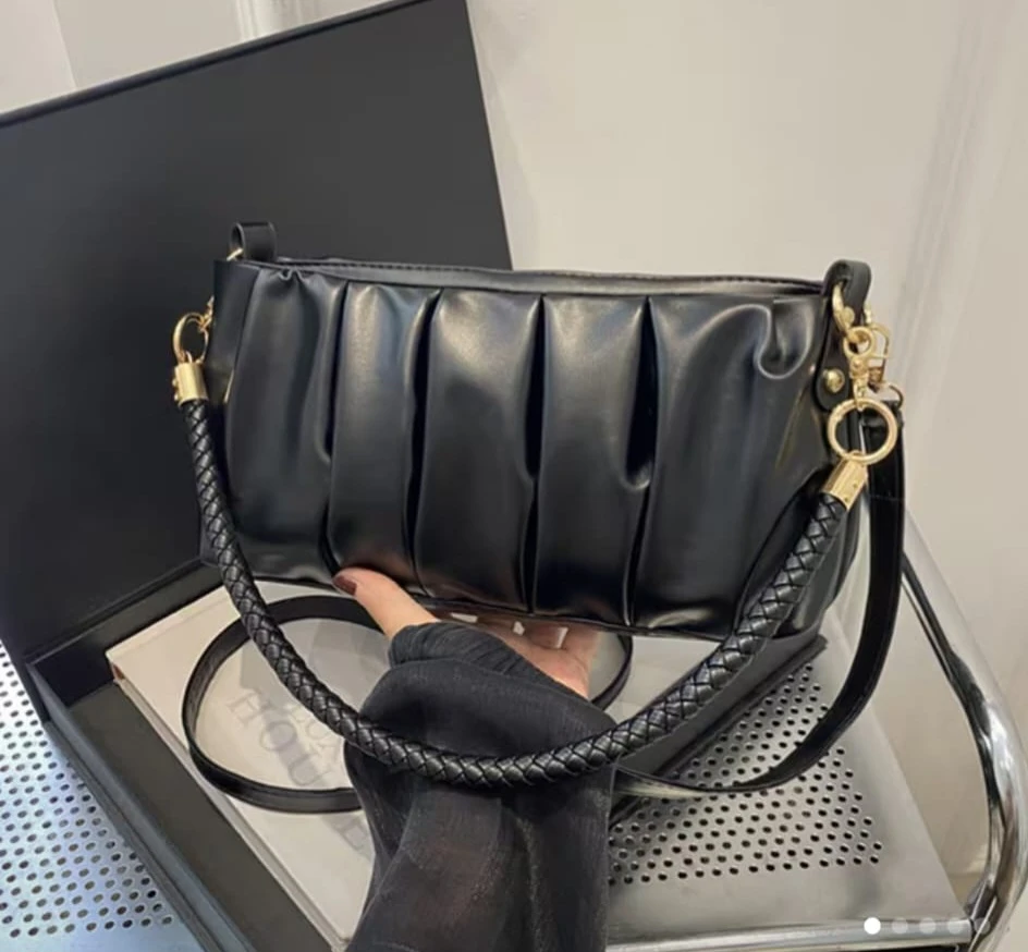 Black Pleated Clutch Bag with Braided Strap