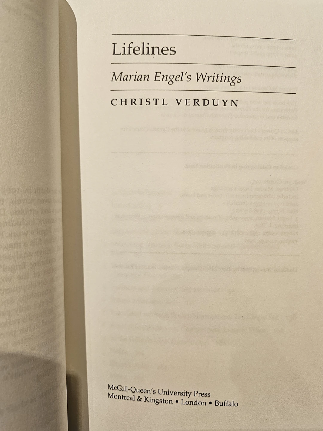 Lifelines: Marian Engel's Writings by Christl Verduyn Book - photo 5