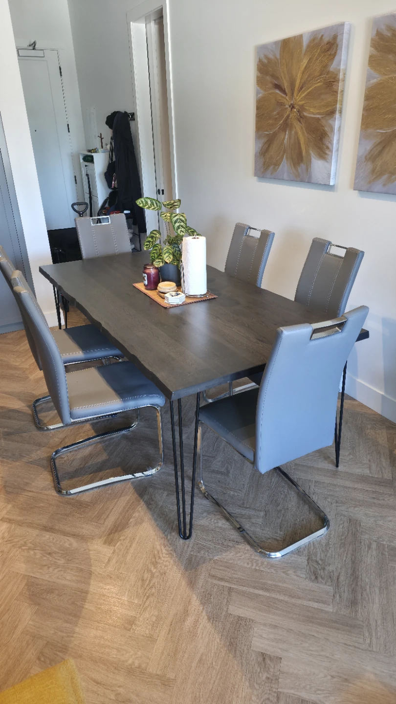 Dark Wood Dining Table with 6 Grey Chairs