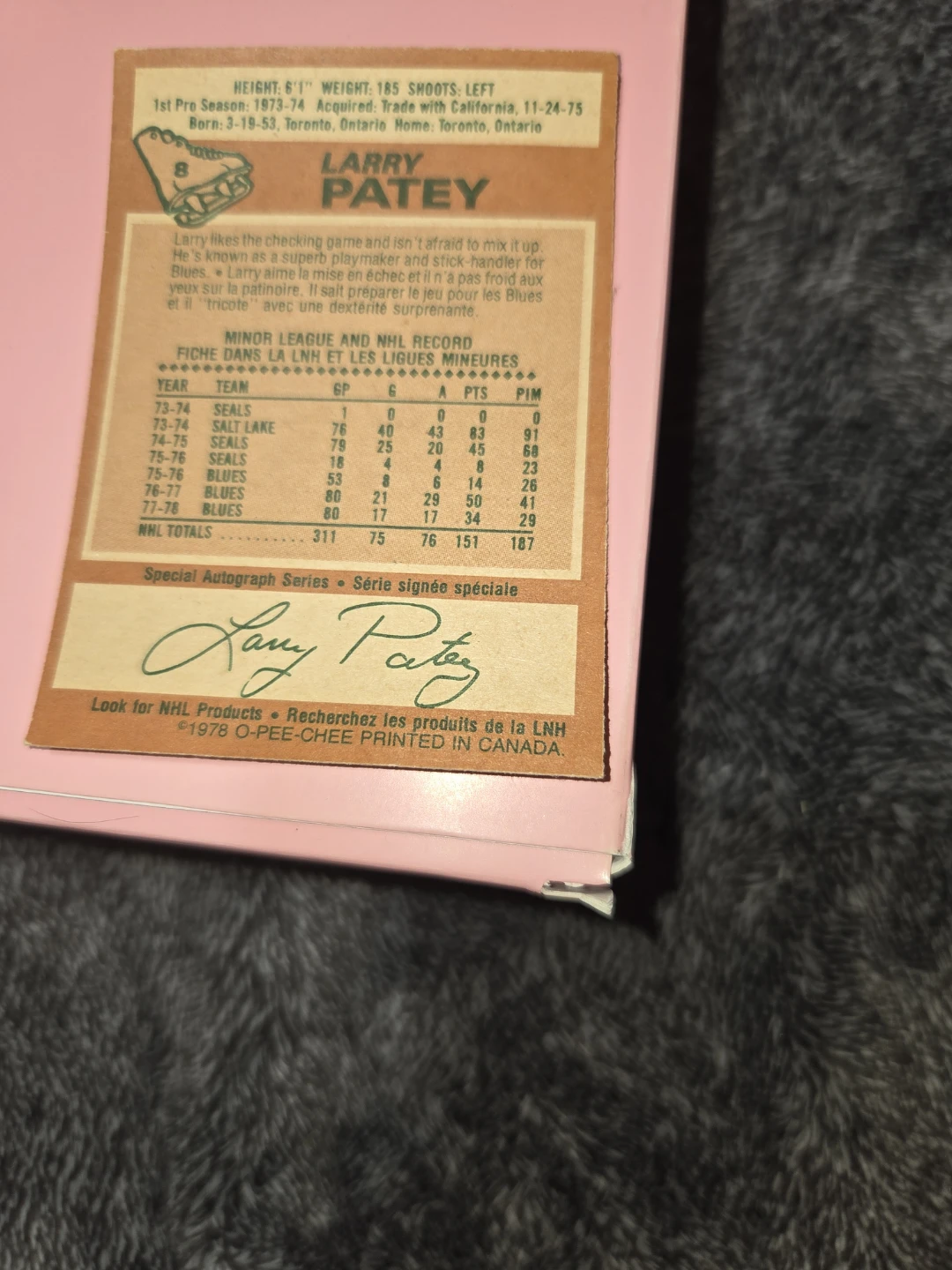 1978 O-Pee-Chee Larry Patey Hockey Card with stats - photo 2