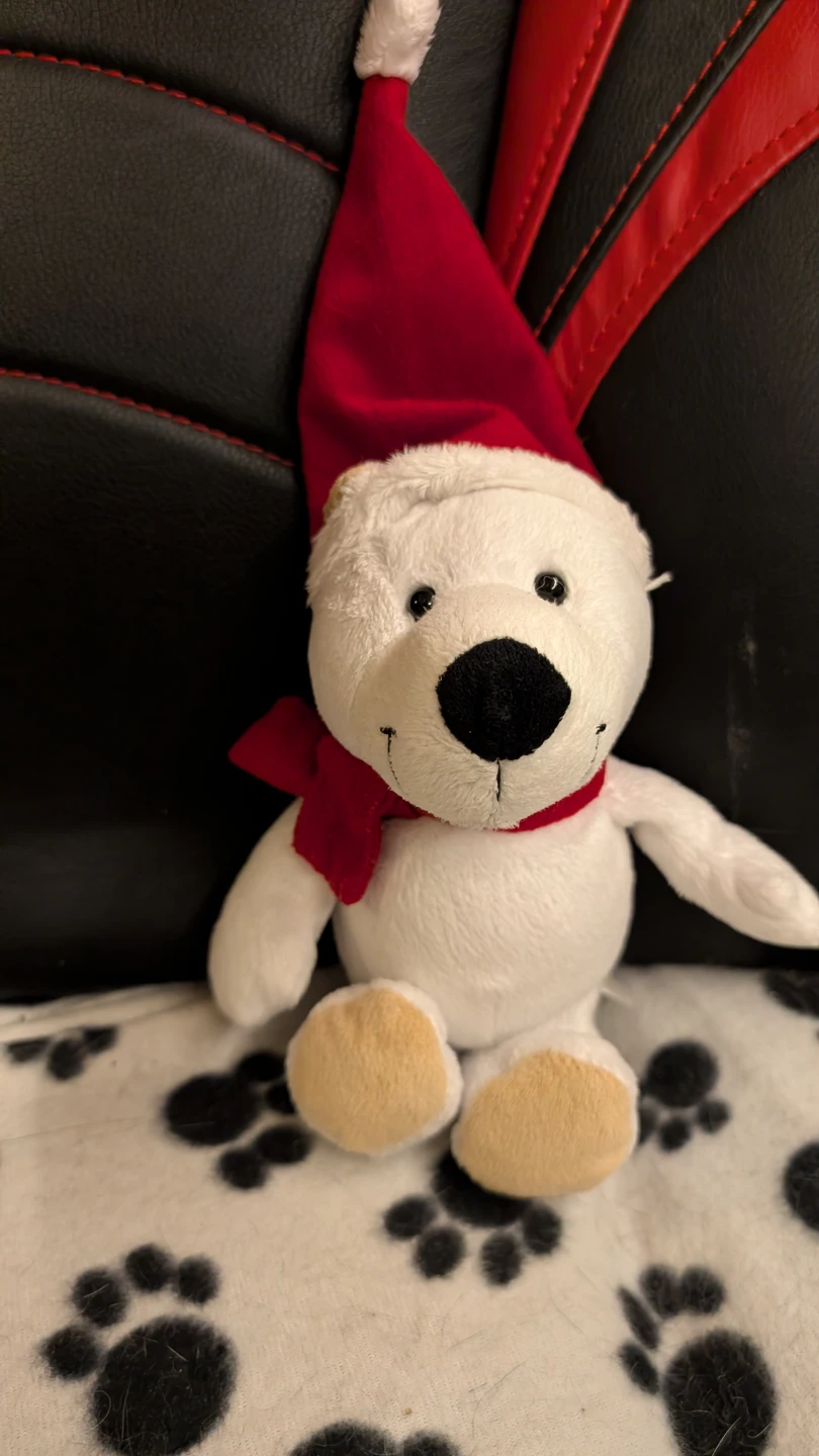Kinder White Plush Bear Toy with Santa Hat and Scarf