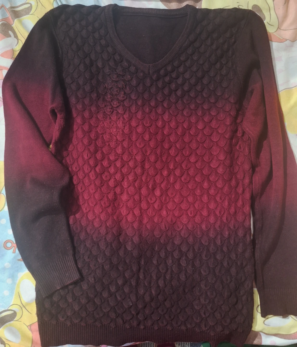 Maroon Men's Ombre V-Neck Sweater with Textured Pattern