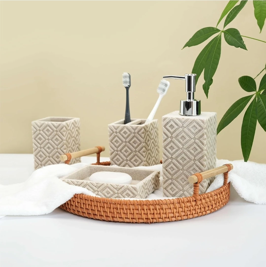 4-Piece Bathroom Accessory Set - Beige Resin - photo 3