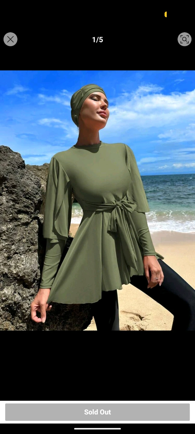 Color Block Belted Burkini With Swimming Cap