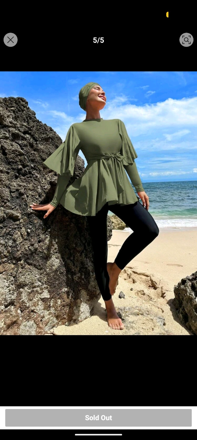 Color Block Belted Burkini With Swimming Cap - photo 2