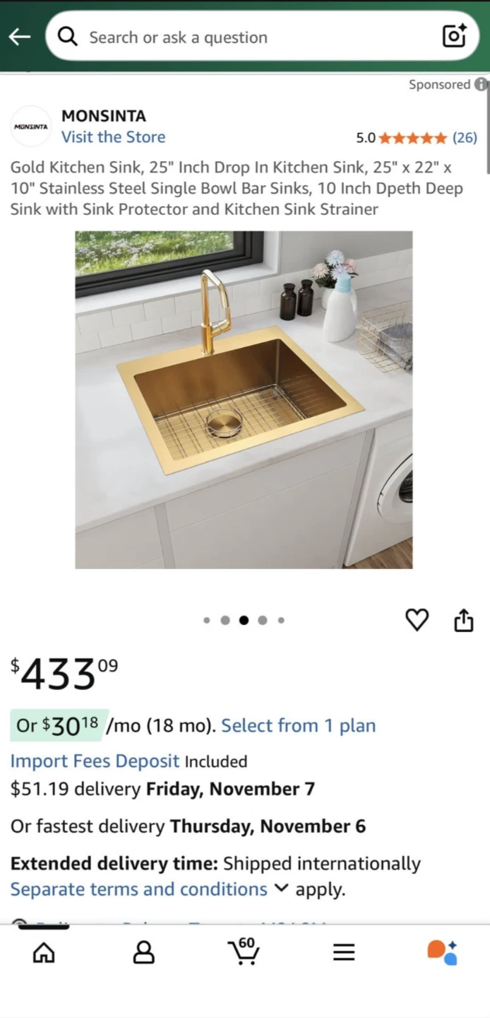 Gold Kitchen Sink 25" x 22" x 10" Stainless Steel Drop-In NEW
