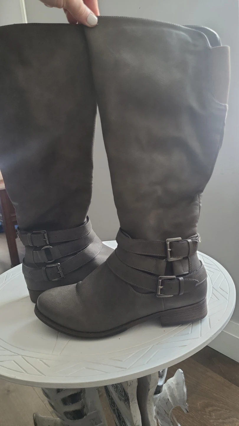 Grey Faux Leather Knee-High Boots with Buckles