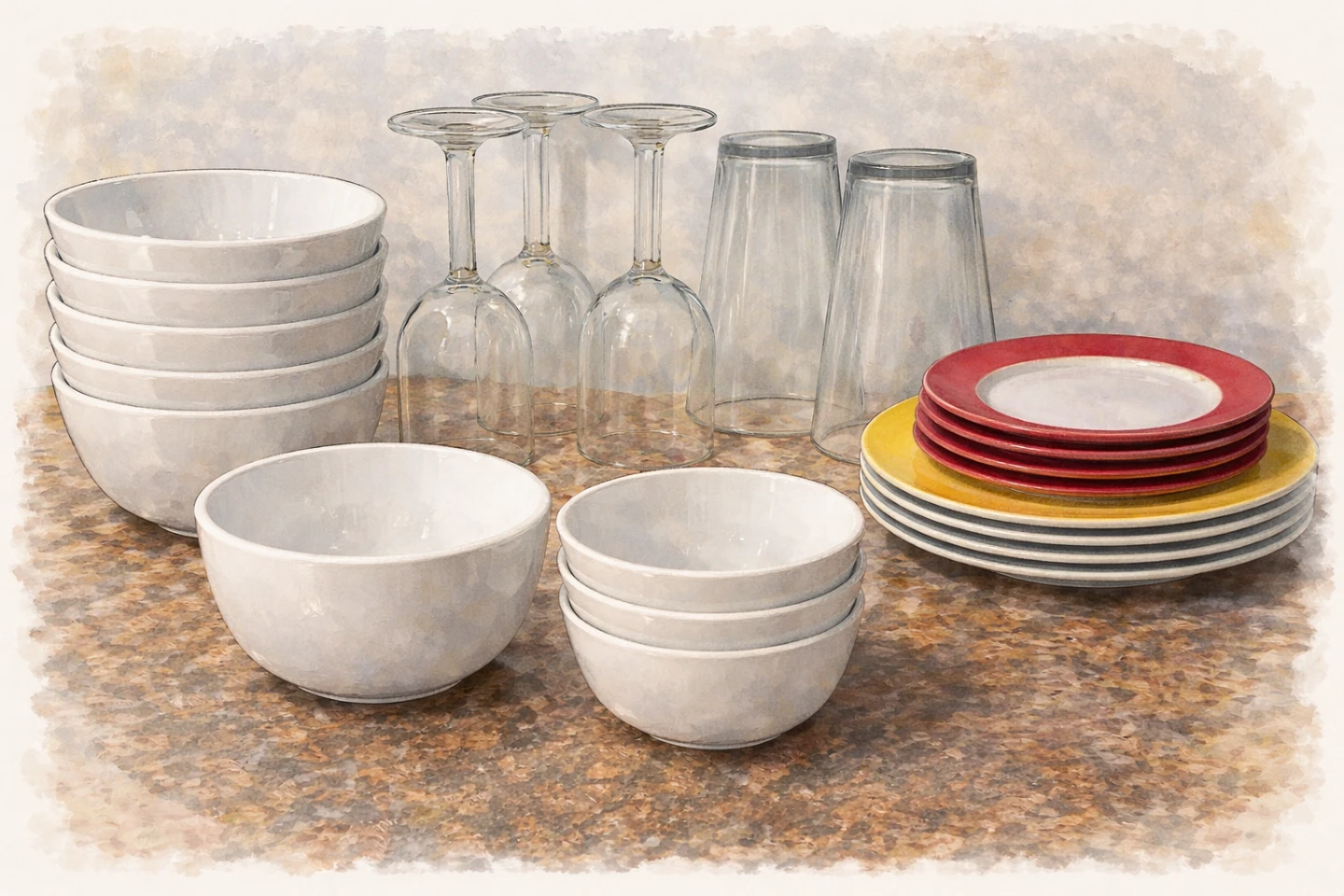 Assorted Dinnerware Set: Plates, Bowls, Glasses