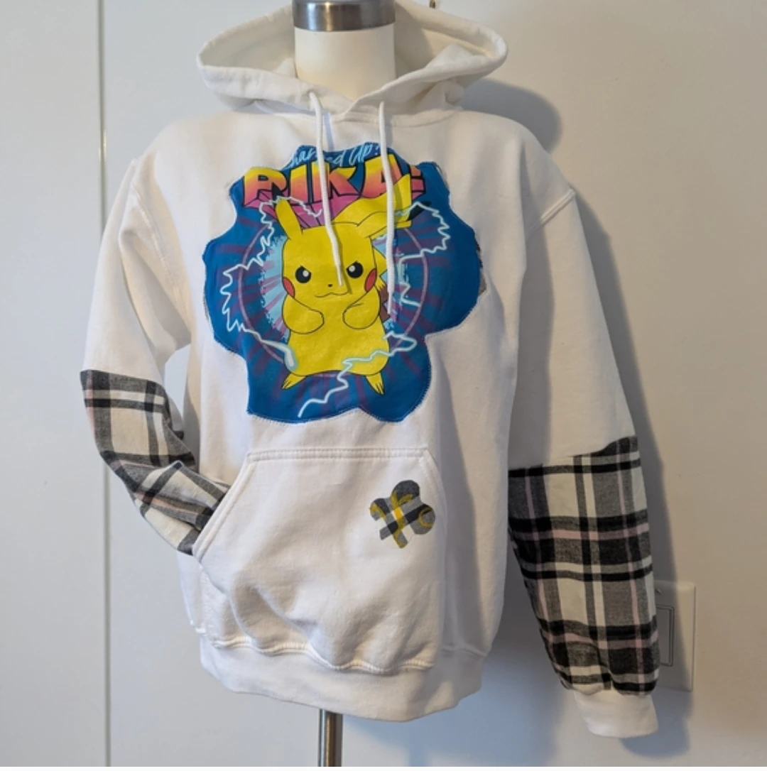 White Pikachu Hoodie with Plaid Sleeves