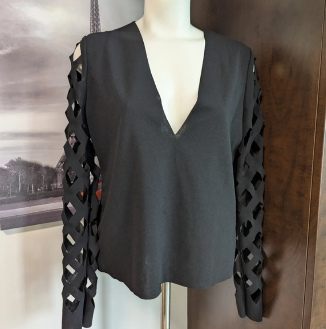Black Long Sleeve Top with Lattice Cut-Out Sleeves