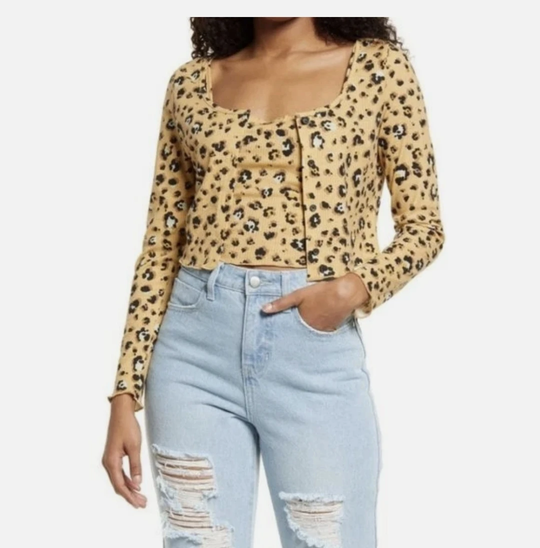 BP. Leopard Print Ribbed Cropped Cardigan & Camo Top Set 🏆NWOT