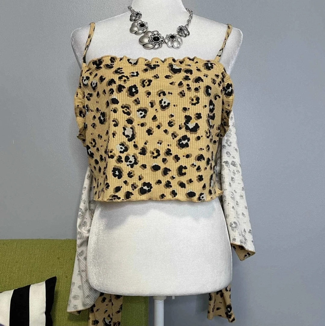 BP. Leopard Print Ribbed Cropped Cardigan & Camo Top Set 🏆NWOT - photo 5