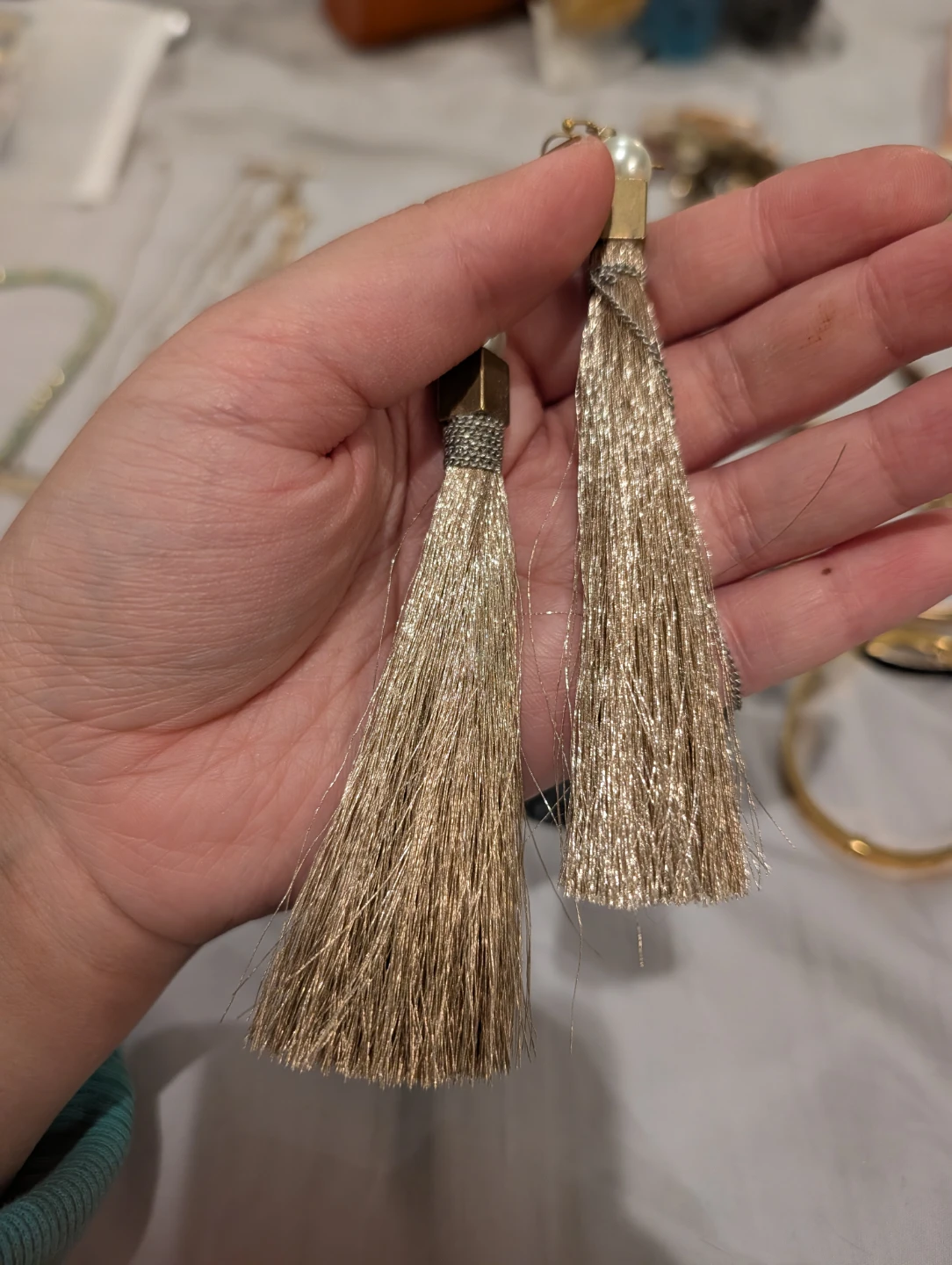 Gold Tassel Earrings with Pearl Accent