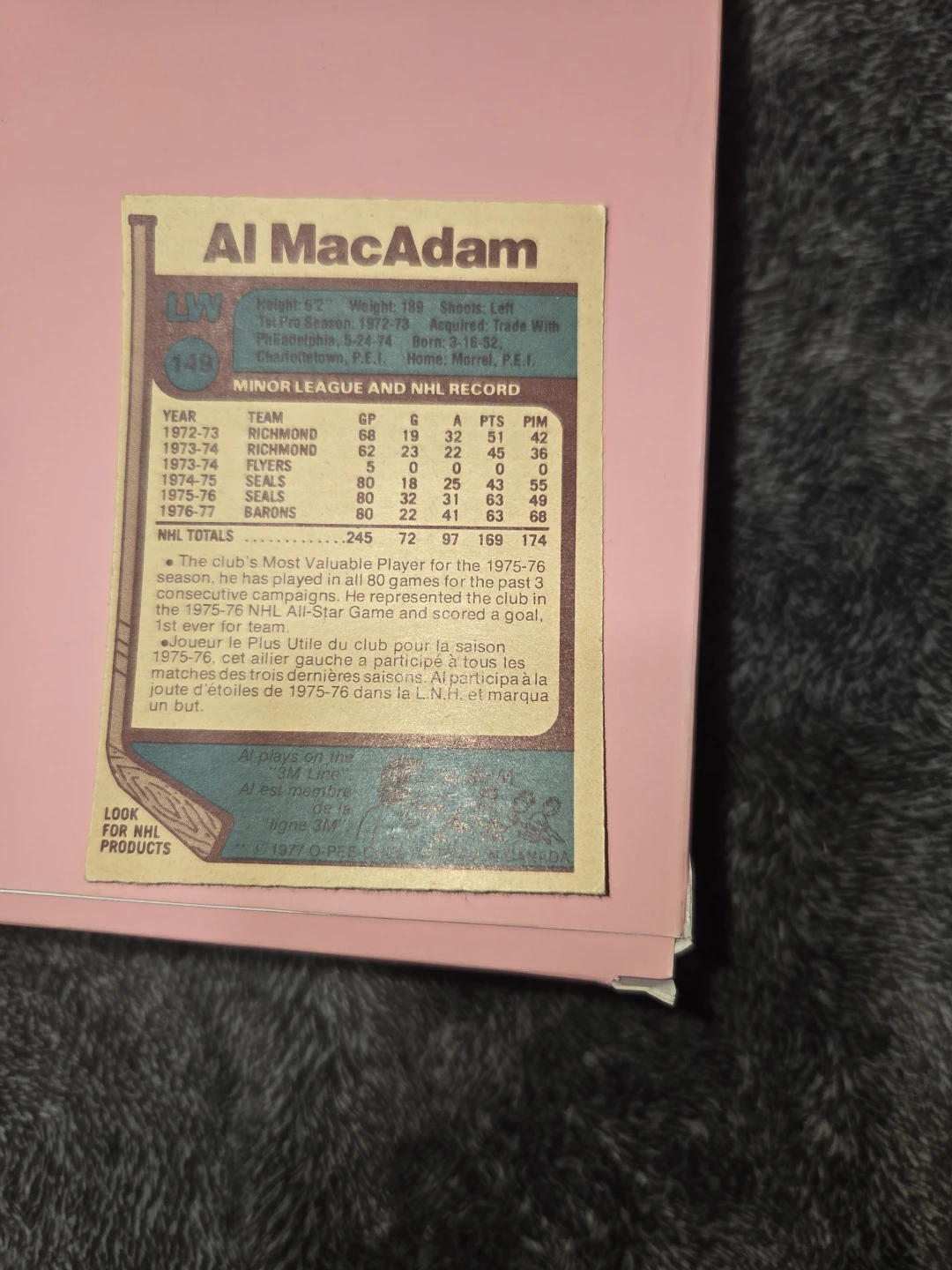 Al MacAdam L. Wing Barons Hockey Card with stats - photo 2