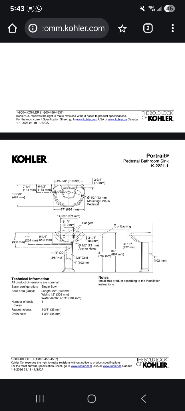 Kohler Portrait Pedestal Bathroom Sink K-2221-1 - photo 2