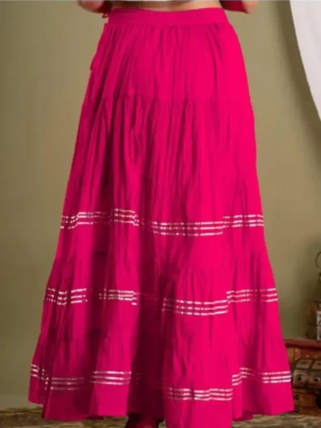 Pink Tiered Maxi Skirt with Silver Stripes