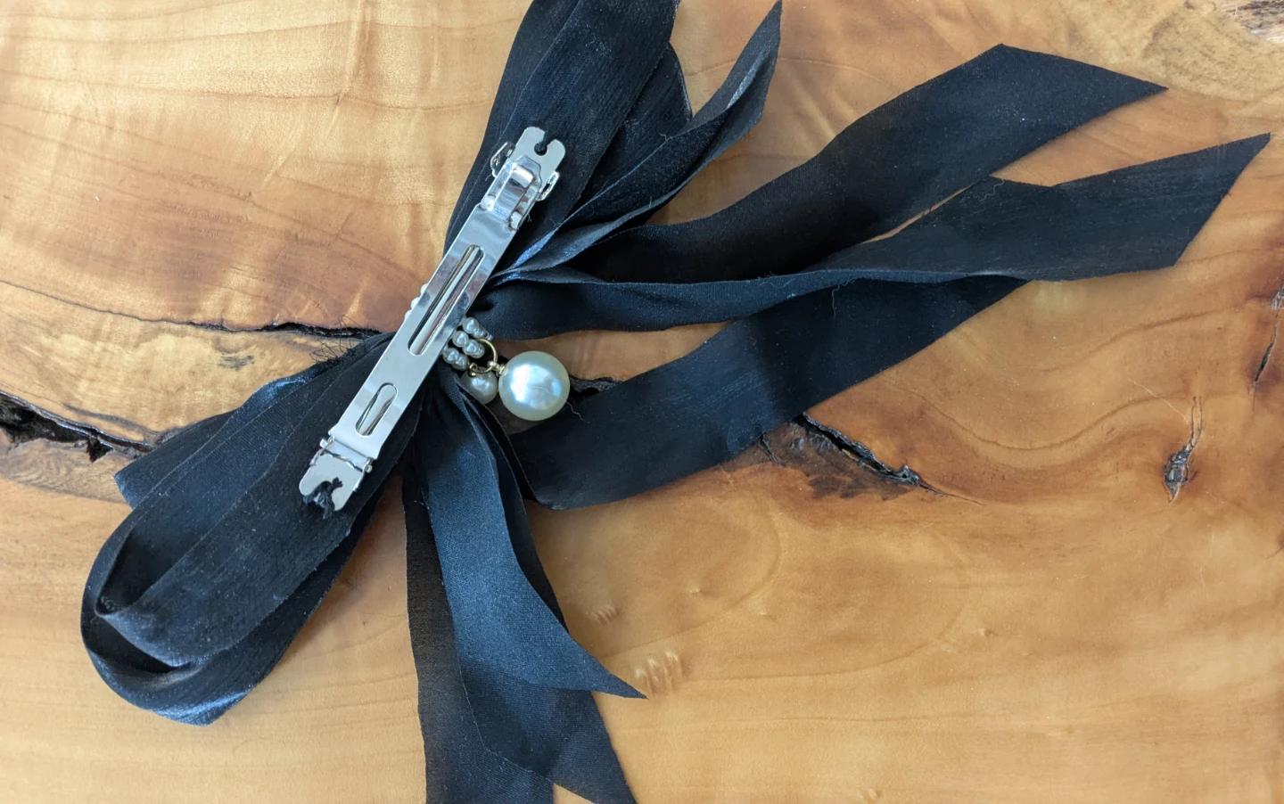 Black Ribbon Bow Hair Clip with Pearl - photo 2