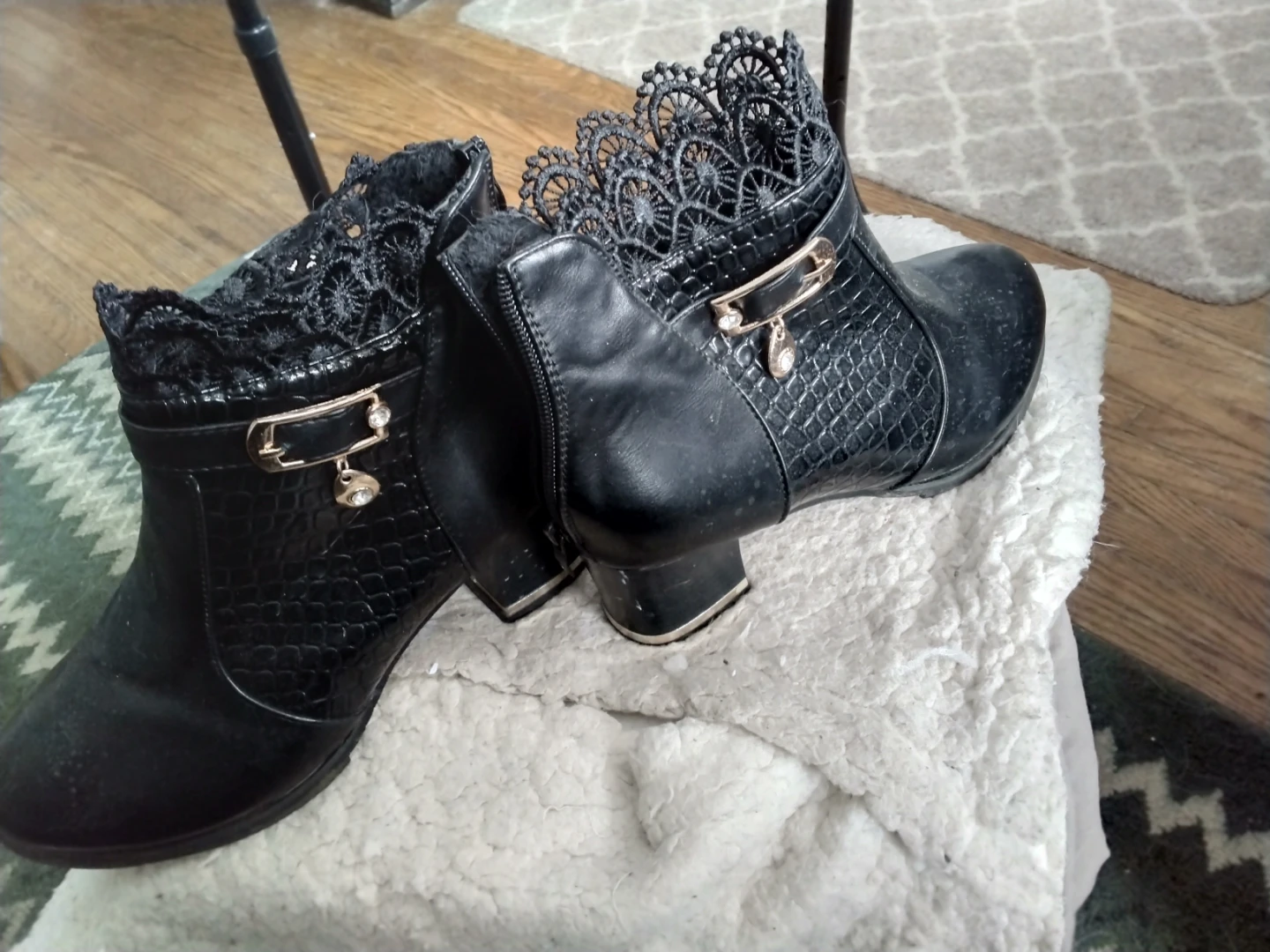 Black Lace & Croc Ankle Boots