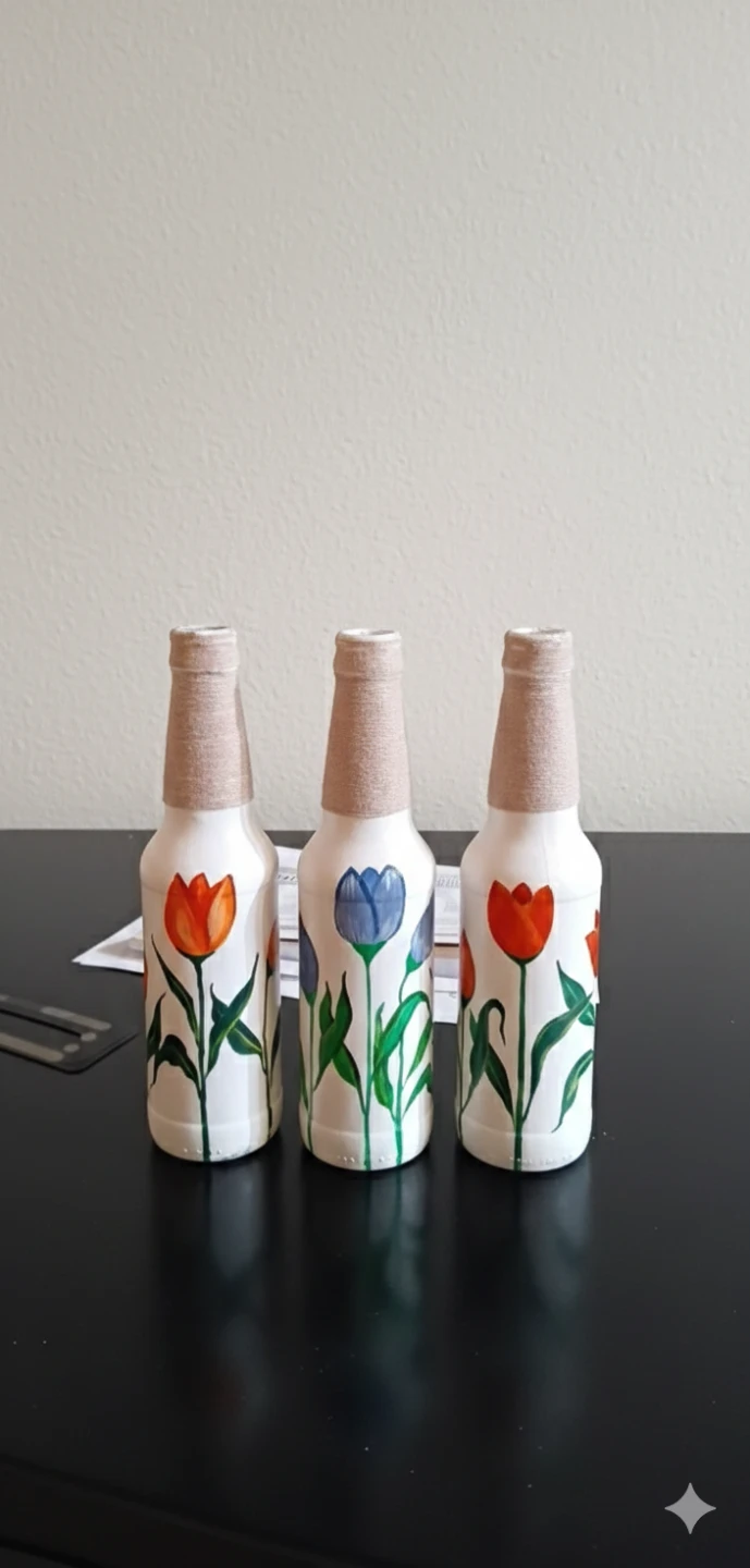 Set of 3 Hand-Painted Tulip Flower Bottles
