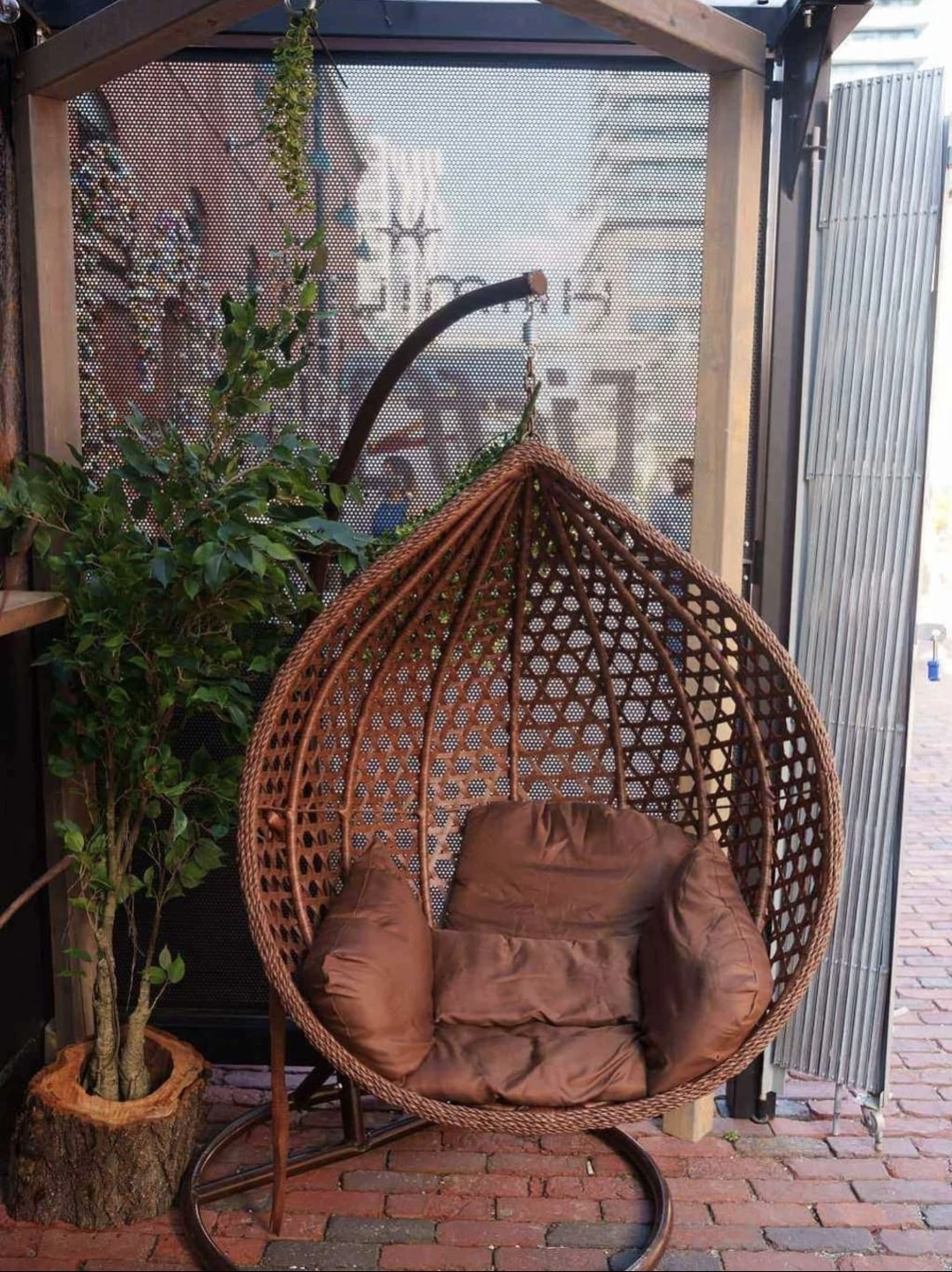 Wicker Egg Hanging Chair with Brown Cushions