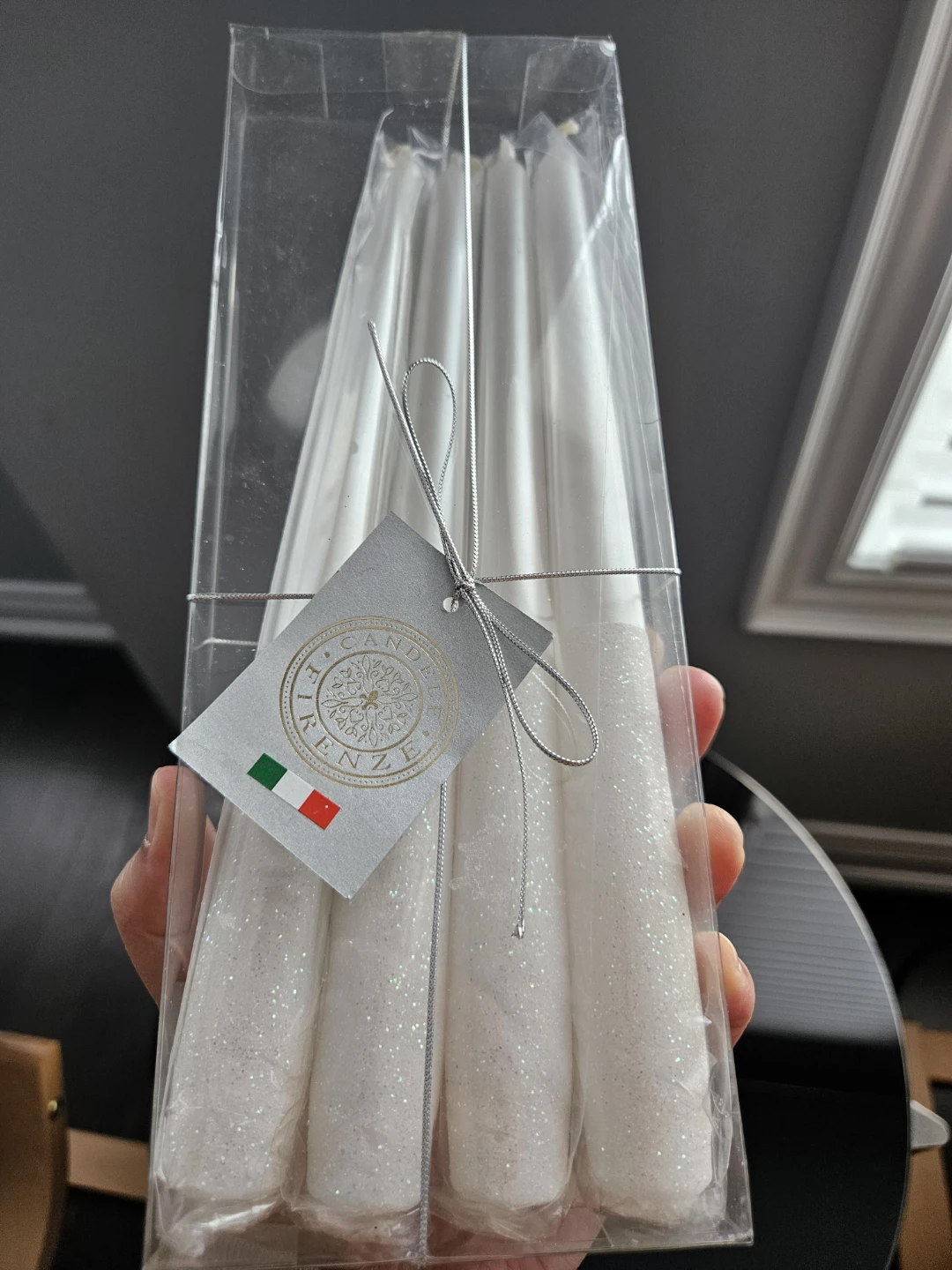 Candle Firenze - White Sparkly Tapered Candle Sticks