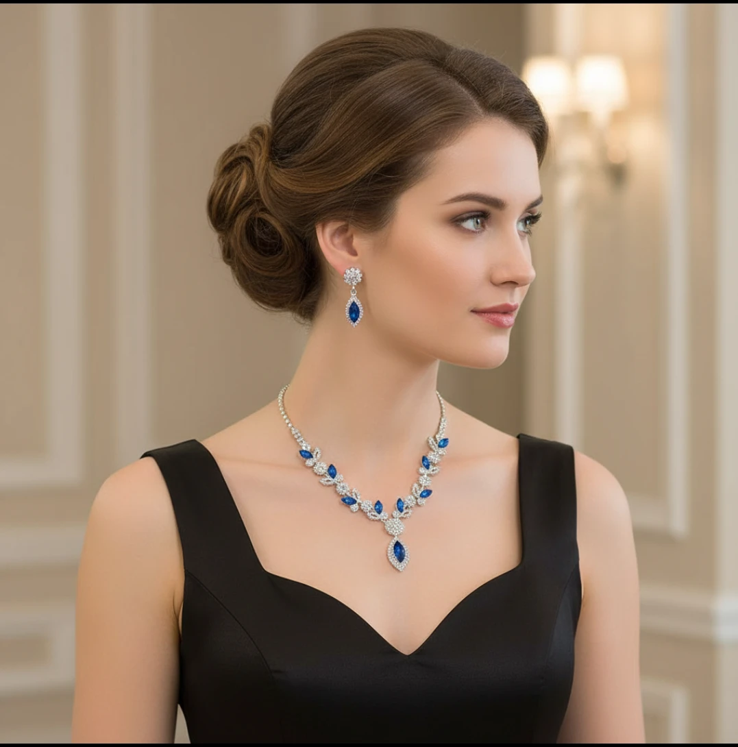 Rhinestone Necklace and Earring Set with Blue Gems