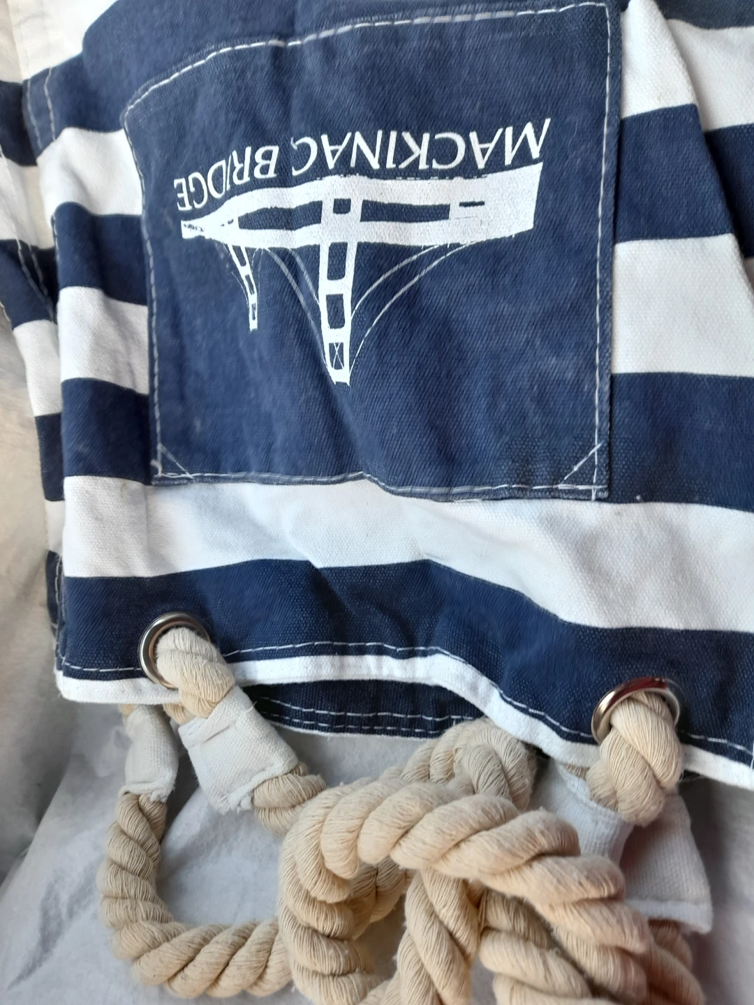 Striped Tote Bag with Mackinac Bridge Graphic