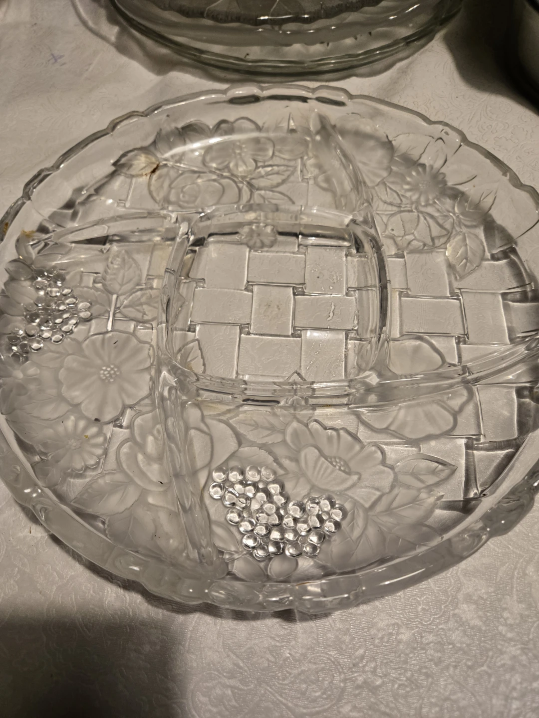 Crystal Clear Glass Divided Serving Tray with Floral Design