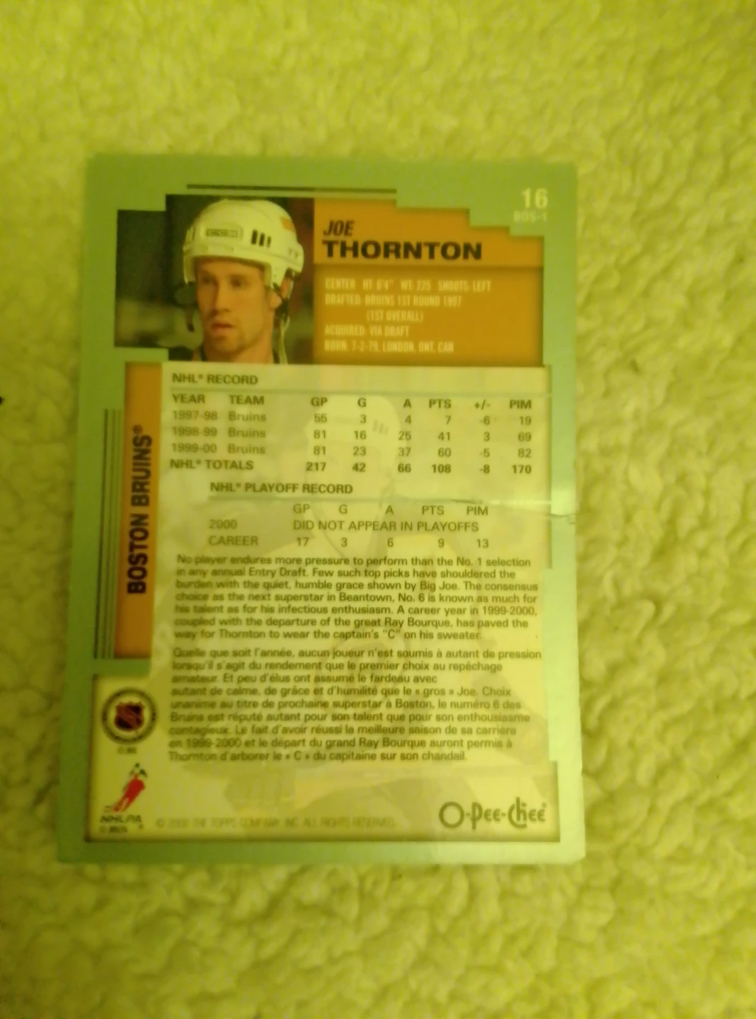Joe Thornton Boston Bruins Hockey Card - photo 2