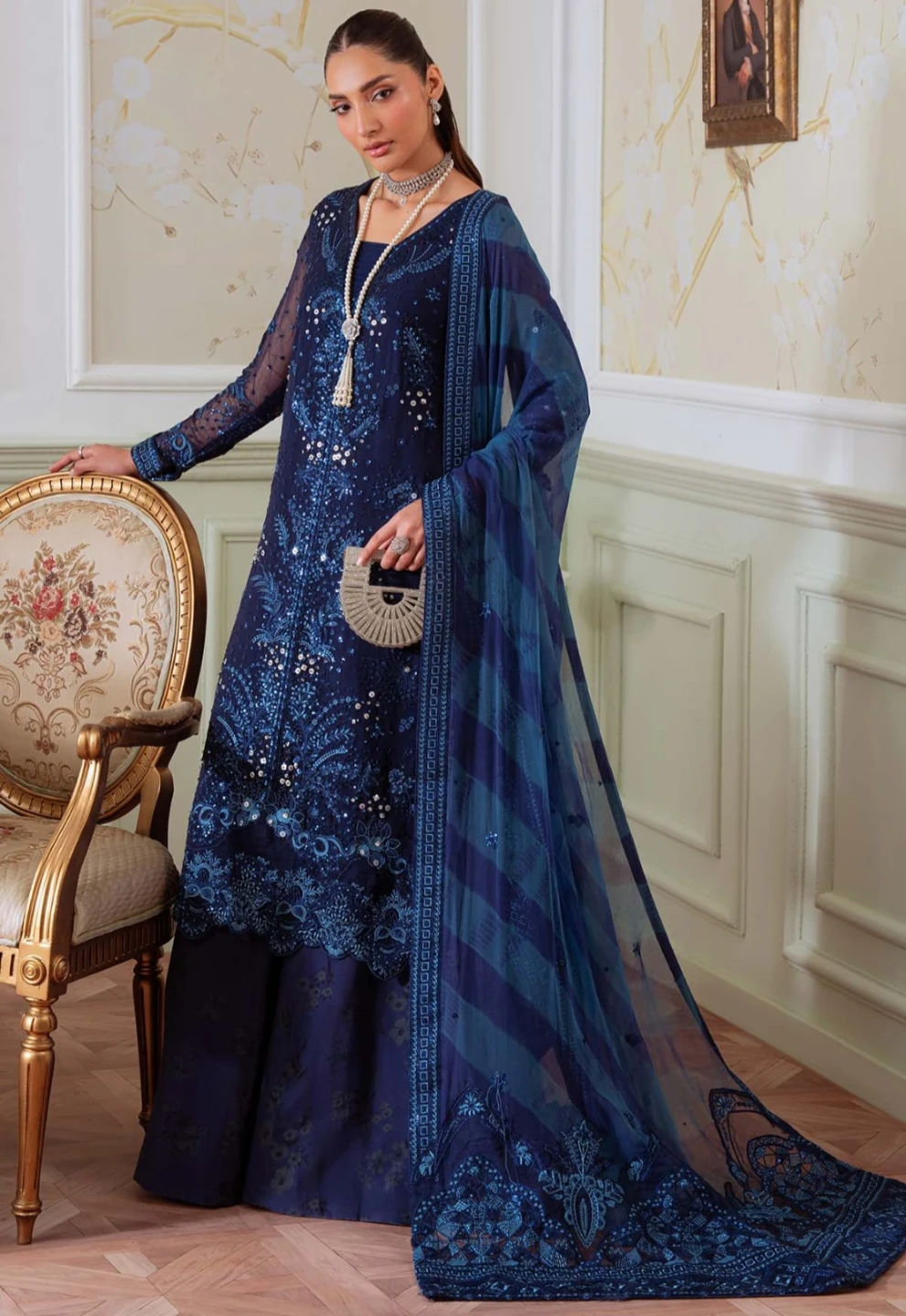 Navy Blue Embellished Dress with Dupatta