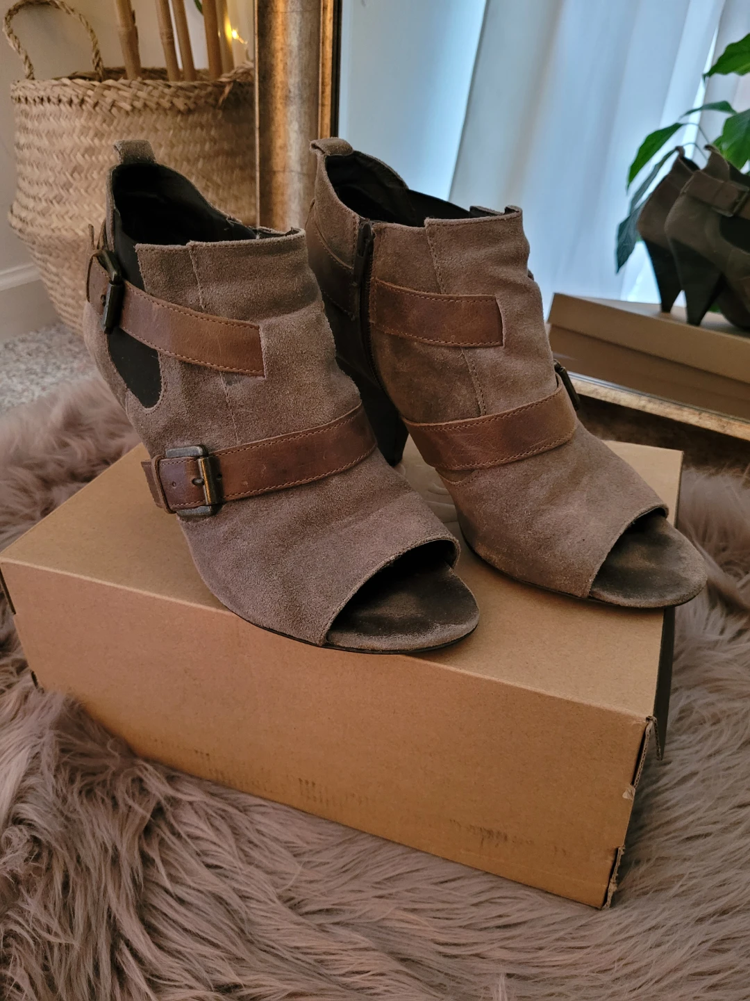 Women's Grey Suede Peep-Toe Ankle Boots with Buckle Detail - photo 3