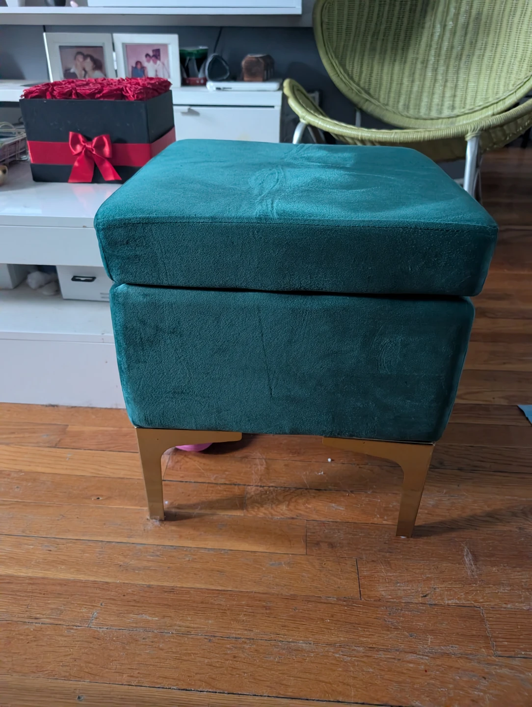 Teal Velvet Storage Ottoman with Gold Legs