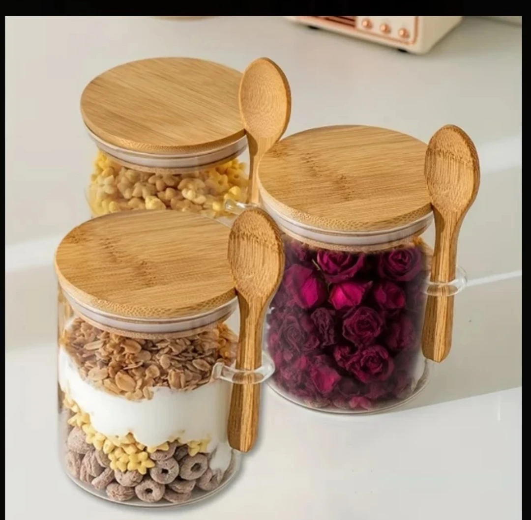 Glass Storage Jar with Bamboo Lid and Spoon Set