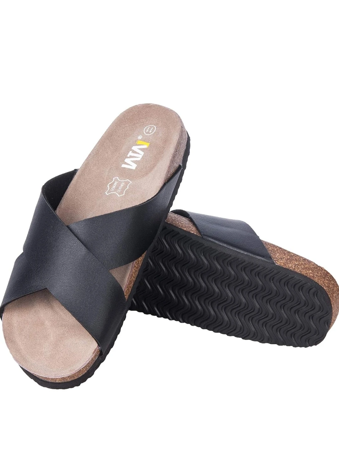 VIM Black Genuine Leather Cross-Strap Slides - Size 9.5