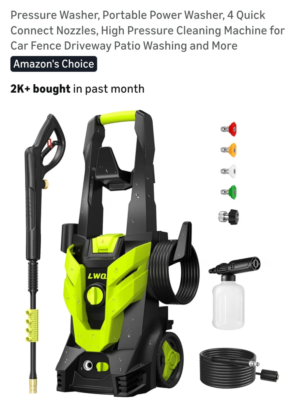 LWQ Pressure Washer with 4 Nozzles and Detergent Bottle