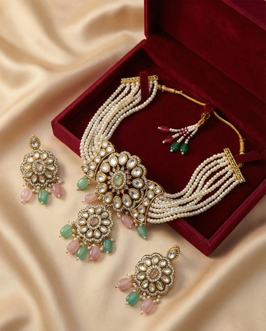 Pearl Choker Necklace and Earrings Set